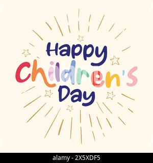 Farbenfrohe Grußkarte zum Kindertag. Logo, Aufkleber, Poster, Banner, Vorlagendesign für den Kindertag. Niedliche Kinder mit Schriftzeichen Vektor illu Stock Vektor