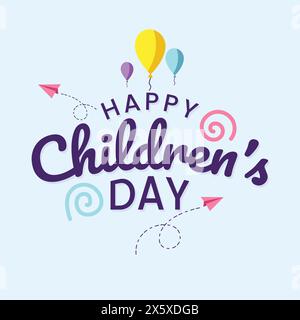 Farbenfrohe Grußkarte zum Kindertag. Logo, Aufkleber, Poster, Banner, Vorlagendesign für den Kindertag. Niedliche Kinder mit Schriftzeichen Vektor illu Stock Vektor