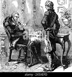 Diese Abbildung zeigt George Washington und Marquis de Lafayette. George Washington traf den 19-jährigen Marquis de Lafayette am 5. August 1777. Nur eine Woche zuvor ernannte der Kontinentalkongress den jungen Franzosen zum freiwilligen Generalmajor der Kontinentalarmee. Lafayette wurde in Washingtons Stab eingesetzt. Lafayette, einer der reichsten jungen Männer Frankreichs, verließ sein Heimatland am 25. März 1777, erfüllt von dem Wunsch, in der amerikanischen Revolution gegen die Briten zu kämpfen. Stockfoto