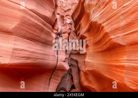 Wirbelmuster an den Sandsteinwänden von Schlitzschluchten in Arizona entstehen aufgrund der weichen Gesteinszusammensetzung aus jahrelangen Wind- und Wasserströmungsmustern. Stockfoto