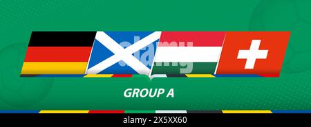 Gruppe A Teilnehmer des Fußballwettbewerbs auf abstraktem Fußball Hintergrund. Flagge Deutschlands, Schottlands, Ungarns, der Schweiz. Stock Vektor