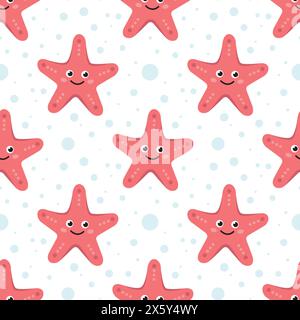 Niedlicher Kawaii-Seestern mit nahtlosem Muster mit Wasserblasen. Vektor-rosa Meerestier. Ozean, Unterwasser-Illustration Textur. Flaches Design. Vektorillustration auf weißem Hintergrund. Stock Vektor