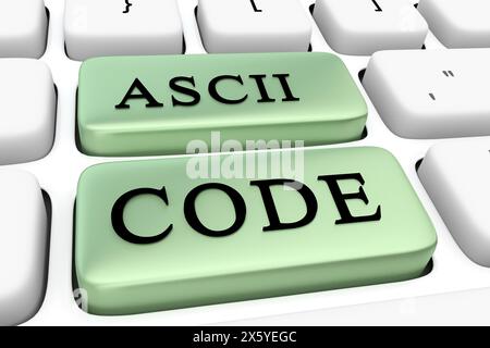 3D-Darstellung der Computertastatur mit dem Skript ASCII-Code auf zwei grünen Tasten. Stockfoto
