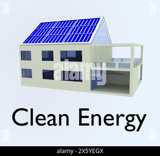 3D-Illustration eines Hauses, dessen Dach aus Solarpaneelen besteht. Stockfoto