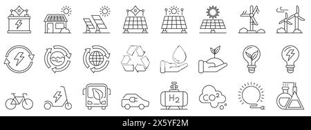 Grüne Energie-Symbolgruppe. Sammlung von Symbolen für nachhaltige Energie. Symbole für erneuerbare Energien, grüne Technologie. Flacher STYLE, umweltfreundlich und nachhaltig Stock Vektor