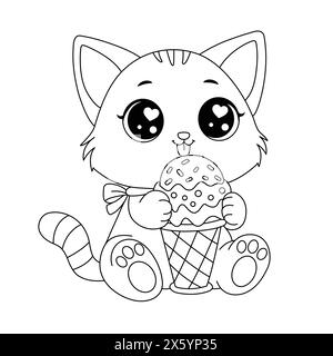 Niedliche Katze, Die Eis Isst. Kitty-Malseite. Rainbow Kitten Liebt Eis-Creme Cartoon Vektor Illustration Stock Vektor