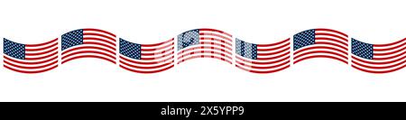 Dekorative Borte mit gewellter Flagge der Vereinigten Staaten, abwechselnd nach oben und unten gewölbt. Nahtlose Fliese mit amerikanischer Flagge. Stockfoto
