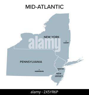 Mittelatlantische oder mittelatlantische staaten, graue politische Karte mit Hauptstädten. United States Census Division of the Northeast Region. Stockfoto