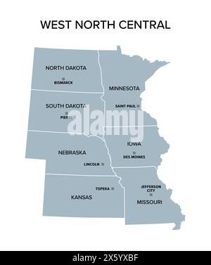 West North Central states, graue politische Karte. United States Census Division der Region Mittlerer Westen. Stockfoto