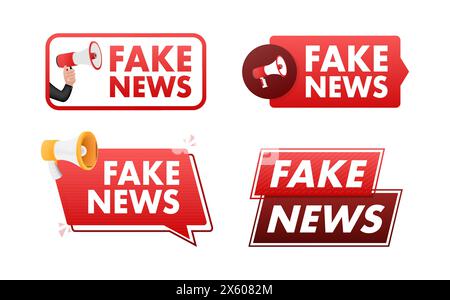 Fake News Text mit Megaphone Label Set. Megaphon in Hand Werbebanner. Marketing und Werbung Stock Vektor