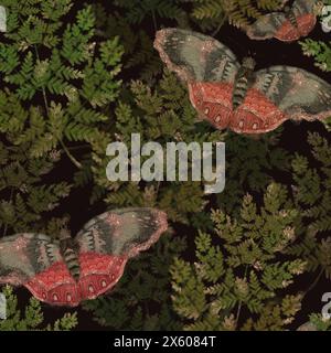 Waldfarnzweige, Schmetterlinge und Schnecken. Nahtloses Muster auf dunklem Hintergrund zum Drucken auf Stoff und Papier. Digitale Kunst. Stockfoto