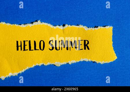 Hallo Sommerworte auf gerissenem gelbem Papier mit blauem Hintergrund. Konzeptionelles Hallo-Sommer-Symbol. Kopierbereich. Stockfoto