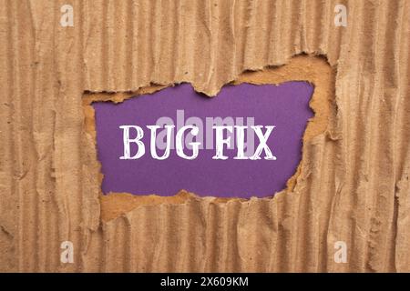 Fehlerbehebungsworte auf zerrissenem Papppapier mit violettem Hintergrund. Symbol für konzeptionelle Fehlerbehebungen. Kopierbereich. Stockfoto