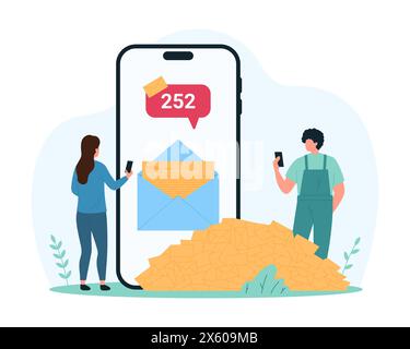 E-Mail-Spam und SMS-Überladung der mobilen Mailbox-App. Winzige Leute und Haufen von betrügerischen Briefen und Newsletter, Papierumschlag mit Lieferbenachrichtigungen auf dem Telefonbildschirm Cartoon Vektor Illustration Stock Vektor