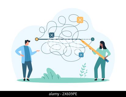 Einfacher und kurzer Weg zur Lösung von Geschäftsproblemen. Winzige Leute zeichnen gerade Linie zwischen zwei Punkten mit Bleistift, wählen Einfachheit, vereinfachen schwierige komplexe Route Cartoon Vektor Illustration Stock Vektor