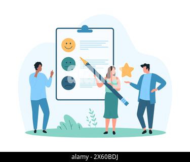 Kundenfeedback, Helpdesk-Umfrage zur Produkt- und Servicequalität. Winzige Leute mit Bleistiftbewertung Erfahrung, Charaktere stimmen mit trauriger, glücklicher und neutraler Stimmung von Emoticons Cartoon Vektor Illustration Stock Vektor