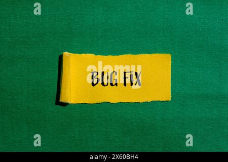 Fehlerbehebungsworte auf gerissenem gelbem Papier mit grünem Hintergrund. Symbol für konzeptionelle Fehlerbehebungen. Kopierbereich. Stockfoto