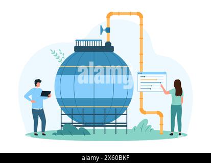 Inspektion des Erdgasspeichers an der Tankstelle, Energieerzeugung. Winzige Leute kontrollieren die Sicherheit des Containersystems mit Rohren und Ventilen, verwalten Geräteeinstellungen Cartoonvektorillustration Stock Vektor