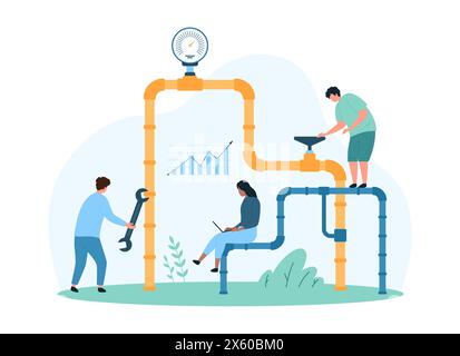 Inspektion des Erdgasleitungssystems. Winzige Leute steuern den Gasfluss mit Infografiken, Arbeiter überprüfen die Sicherheit von Rohr und Ventil auf Lecks mit Reparaturausrüstung Cartoon Vektor Illustration Stock Vektor