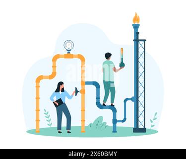 Industriegasetechnik, Inspektion von Rohrleitungssystemen auf Druck- und Temperatursicherheit. Winzige Leute überprüfen mit Thermometerturm aus Feuer, Rohr und Ventil auf Lecks Karikaturvektor Illustration Stock Vektor