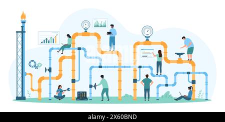 Pipeline-Inspektion der Gasindustrie, Energie- und Brennstofffabriksystem. Winzige Leute kontrollieren die Sicherheit von Rohr und Ventil, Arbeiter von Wartung und Reparatur Service überprüfen Einstellungen Cartoon Vektor Illustration Stock Vektor