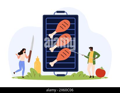 Barbecue Hähnchenschenkel kochen, Grillparty. Winzige Leute mit Köchen Werkzeuge kochen, Braten Trommelstöcke Fleisch mit Knochen auf Metallgrill für Abendessen, geräucherte und gegrillte Mahlzeiten Vorbereitung Cartoon Vektor Illustration Stock Vektor
