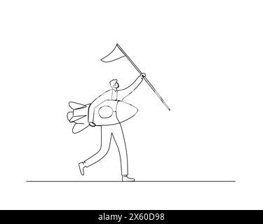 Ein Geschäftsmann hält eine Rakete in der rechten Hand und eine Flagge in der linken Hand. Unternehmenswachstumskonzept. Konstruktionsvektor Stock Vektor