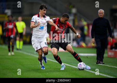 Mailand, Italien. 11. Mai 2024. Eldor Shomurodov von Cagliari Calcio tritt um den Ball mit Malick Thiaw vom AC Milan während des Serie A Fußballspiels zwischen AC Milan und Cagliari Calcio an. Quelle: Nicolò Campo/Alamy Live News Stockfoto
