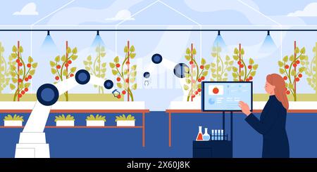 Intelligentes Landwirtschaftsmanagement, Anbau landwirtschaftlicher Pflanzen im Gewächshaus. Farmer und Roboter Arm Ernte Tomaten im Gewächshaus mit Innovation agritech Ausrüstung Cartoon Vektor Illustration Stock Vektor
