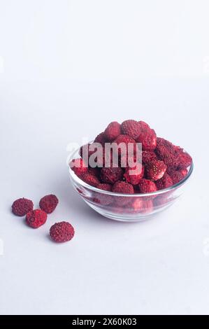 Getrocknete getrocknete wilde Erdbeere auf weißem Hintergrund Kopierraum gesundes Snack-Zutat-Kochkonzept Stockfoto