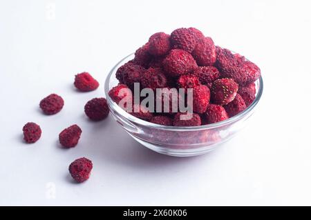 Getrocknete getrocknete wilde Erdbeere auf weißem Hintergrund Kopierraum gesundes Snack-Zutat-Kochkonzept Stockfoto