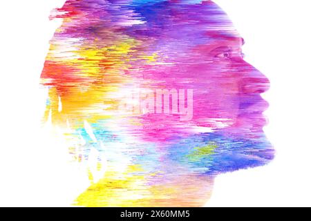 Ein farbenfrohes 3D-Glitch-Doppelbelichtungsprofil-Porträt eines jungen Mannes Stockfoto
