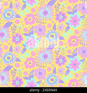 Nahtloses Half Drop-Muster mit Fantasy-Blättern und Blumen in Pastellfarben. Hintergrundbild-Druckstruktur Wiederholen. Perfekt für Verpackungspapier, Textilien, Stoff, Dekorationen. Stock Vektor
