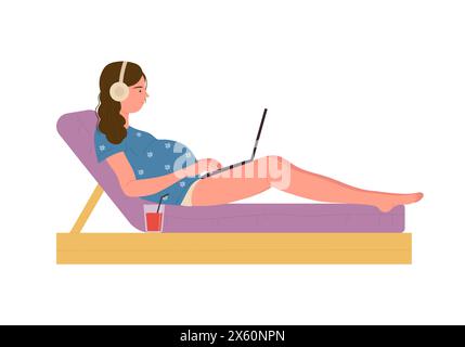 Schwangere Frau im Kopfhörer, die Musik hört, die auf dem Strandbett mit Laptop-Vektor-Illustration liegt Stock Vektor