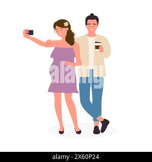 Glücklicher Ehemann und Frau oder junges Paar stehen zusammen, um Selfie-Vektor-Illustration zu machen Stock Vektor
