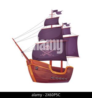 Piratenschiff mit Schädel und gekreuzten Knochen, schwarze Segel auf Mast und Kanonen Vektor Illustration Stock Vektor