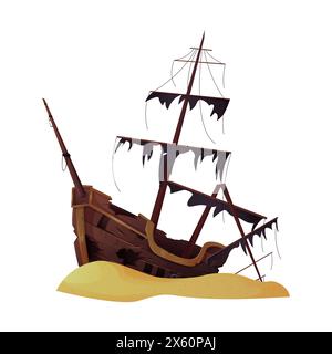 Versunkenes beschädigtes Piratenschiff im Sand, gebrochenes Holzboot nach Schiffswrack-Vektor-Illustration Stock Vektor