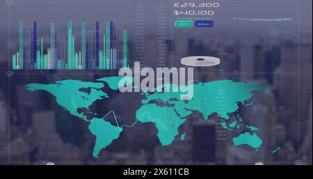 Abbildung von Diagrammen, Karten, wechselnden Zahlen, Währungssymbolen über der modernen Stadtlandschaft Stockfoto