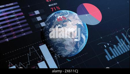 Bild der mehrfarbigen Infografik-Oberfläche und des Globus auf schwarzem Hintergrund Stockfoto