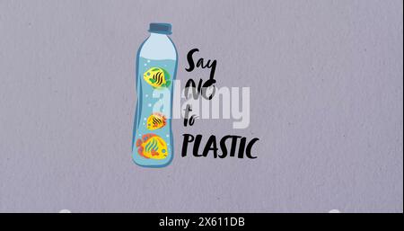 Abbildung: „Nein sagen“ zum Text auf Plastikflasche auf Wassertröpfchen auf grauem Hintergrund Stockfoto