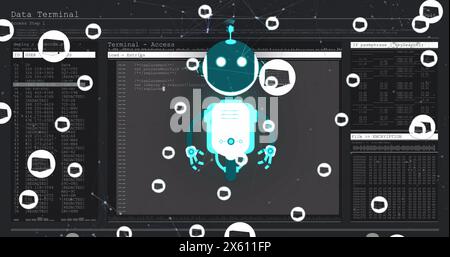Bild eines KI-Chat-Bots und Symbole über der Datenverarbeitung Stockfoto