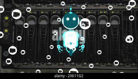 Bild des Ai-Chat-Bots und der Symbole über dem Hintergrund des Computerservers Stockfoto
