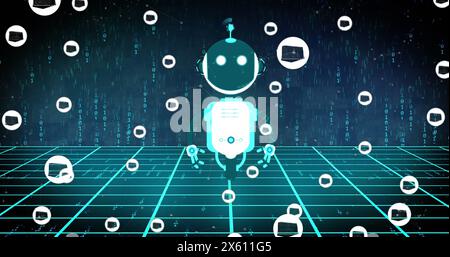 Bild des Ai-Chat-Bots und der Symbole über dem Hintergrund der Binärcodierung Stockfoto