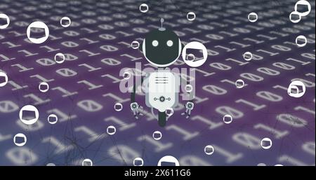 Bild des Ai-Chat-Bots und der Symbole über dem Hintergrund der Binärcodierung Stockfoto