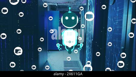 Bild des Ai-Chat-Bots und der Symbole über dem Hintergrund des Computerservers Stockfoto