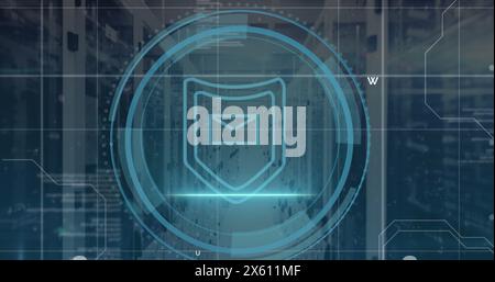 Abbildung: Schildsymbol und Datenverarbeitung über Computerservern Stockfoto