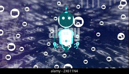 Bild des Ai-Chat-Bots und der Symbole über dem Hintergrund der Binärcodierung Stockfoto