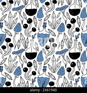 Mysteriöses halloween-Konzept mit Tränken, Edelsteinen und Amanita-Pilzen. Magisches, märchenhaftes Halloween-Muster. Süßes gespenstisches Pilzkritzelchen Stock Vektor