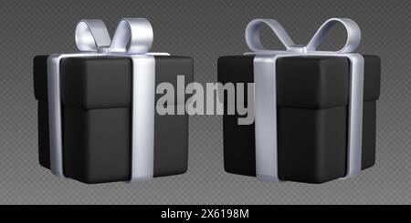 Geschenkboxen mit Bändern, realistische 3D-Black-Boxen mit silbernen Schleifen. Überraschungsgeschenk isoliert auf grauem Hintergrund. Stock Vektor