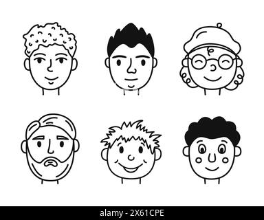 Gruppe von Gesichtern für Personen. Handgezeichnete süße Avatare von Männern und Jungen. Einfache isolierte Vektorillustration im Doodle-Stil. Stock Vektor